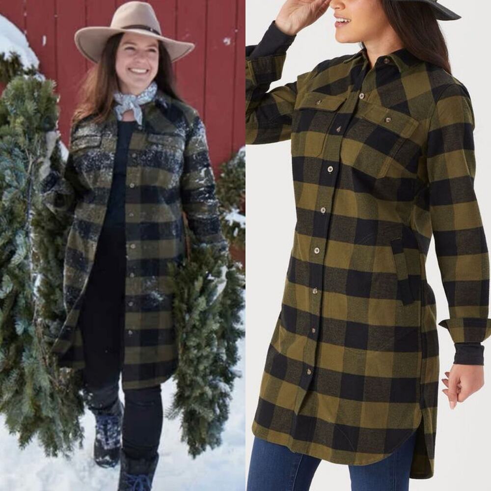 Duluth Trading Co Olive and Black Buffalo Plaid Trench Coat